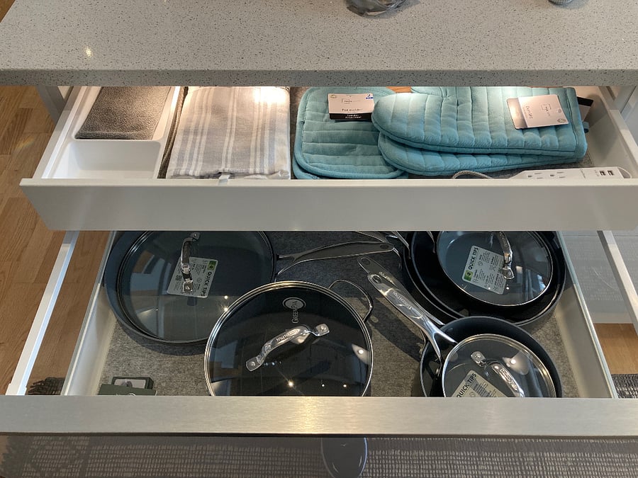 Lighted drawers, new towels, oven mitts, etc.