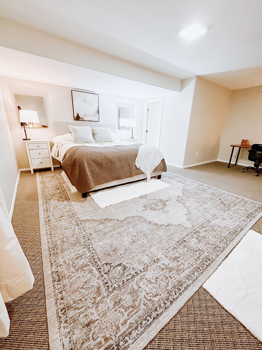 Master Bedroom, king bed, washable rug, nightstands, chargers, desk, workout space, double closet, dressers, mirrors