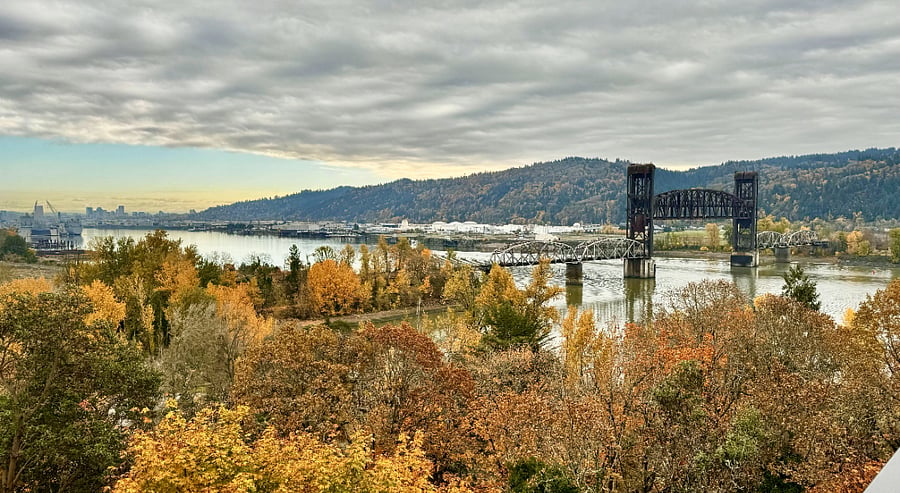 View of the Willamette and Portland from your sunny deck. Mount Hood is there when the clouds aren't as dense.