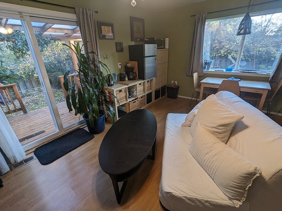 View with upgraded kitchenette fridge