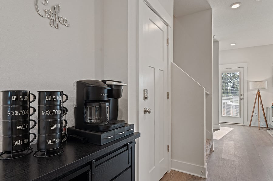 But first....Coffee . A starter kit of Keurig pods, tea, sugar and creamers are provided for all guests. Drip coffee and a French press is available as well.