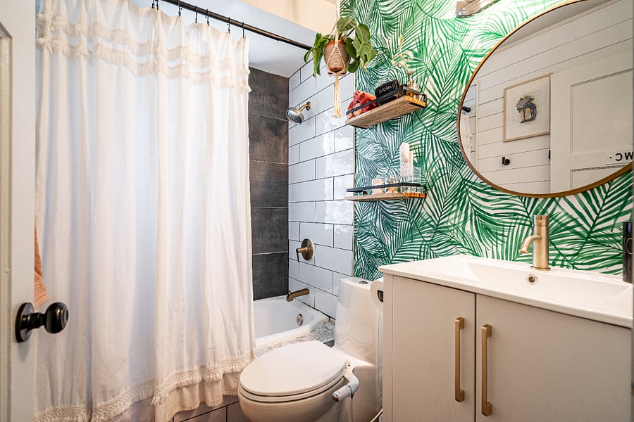Only bathroom of the house on first floor near first floor queen bedroom. 