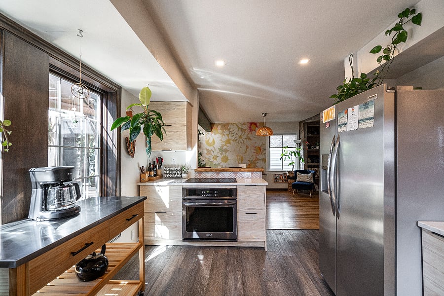 Induction stovetop. Looking into dining space. 