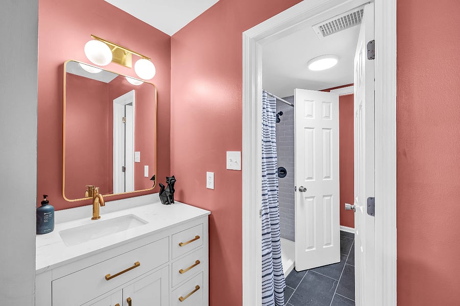King Vanity Area Leading into Shower Area.