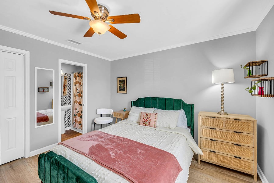 Queen Bedroom with Attached Bathroom (Small Stand-Up Shower, Pedestal Sink, Toilet Area)