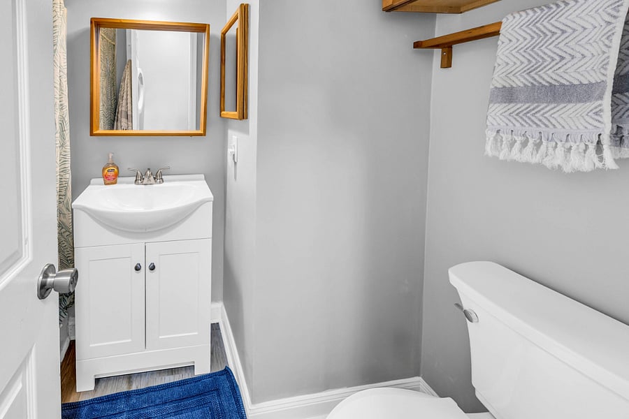 Hallway Bathroom Near Queen Bedroom with Black Iron Bed. Full-sized Shower.