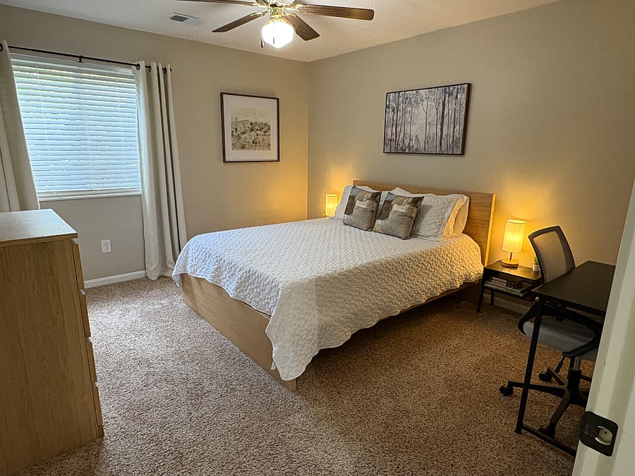 Second bedroom with Cotton-ball plush 12" queen-bed mattress; desk; walk-in closet; ceiling fan