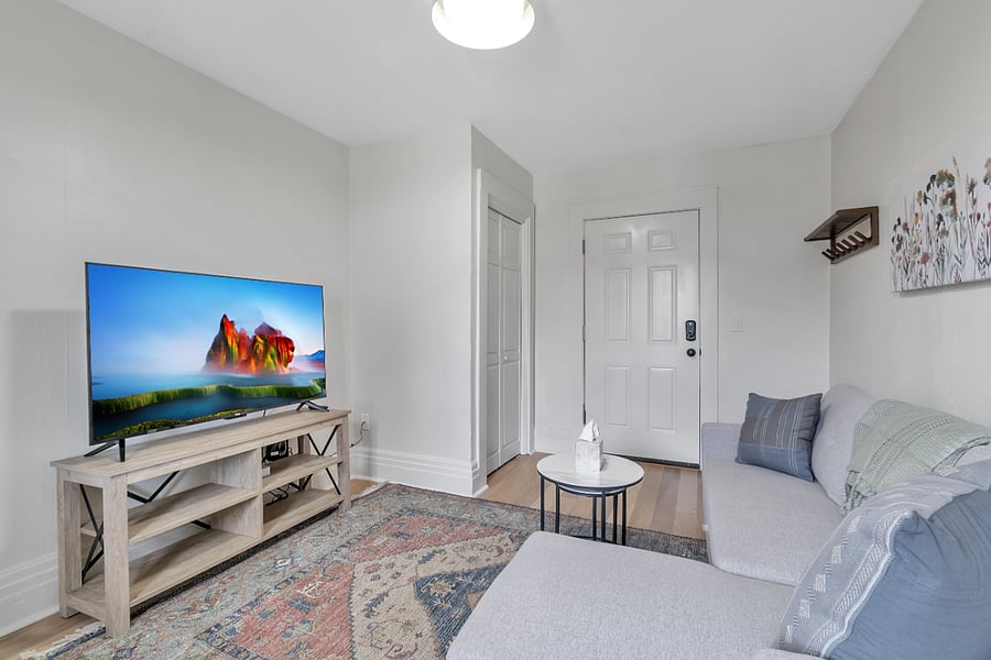 Cozy living room with chaise sofa that pulls out into a double bed