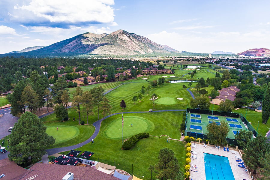 Aerial View of Country Club Pool, Golf and Pickleball Courts