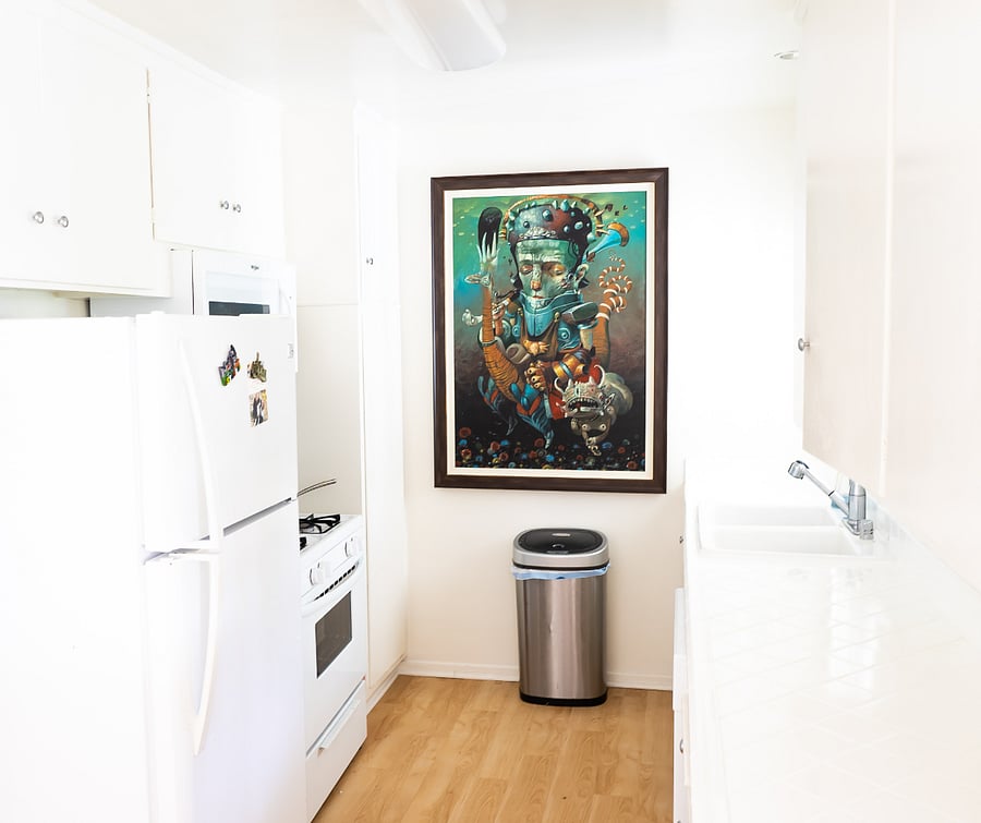 Kitchen with large fridge, Stove, Microwave, Dishwasher, double sink, and plenty of cabinet space!