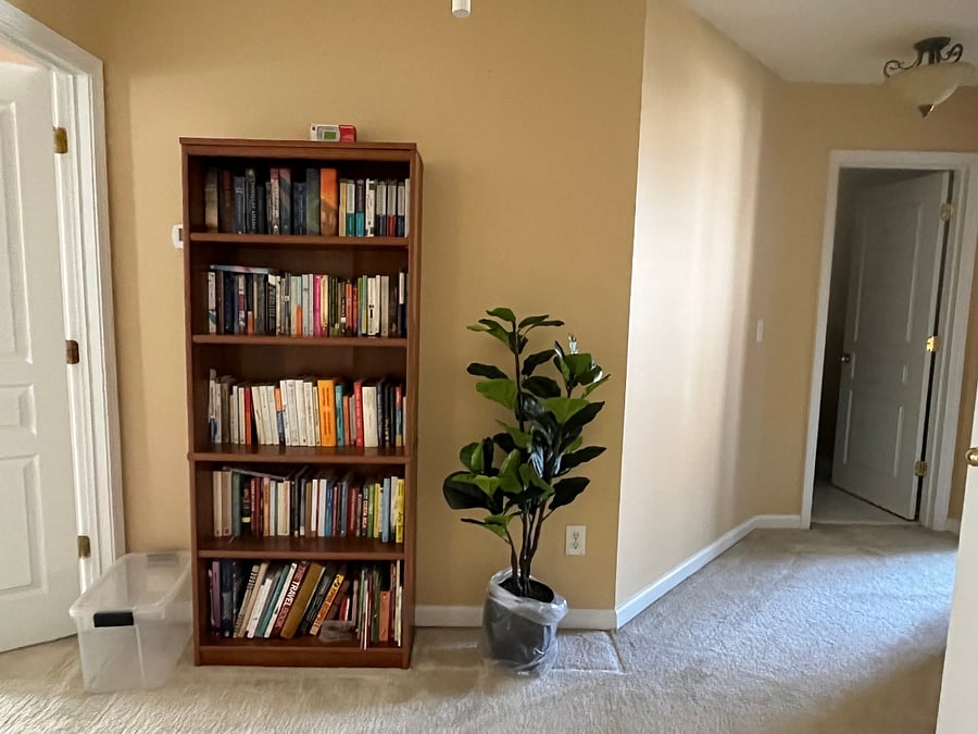 large upstairs landing with a library area.