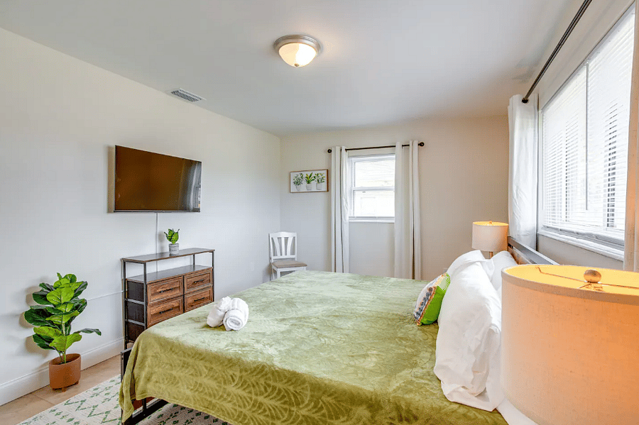 "King primary suite with Smart TV and generous closet space."