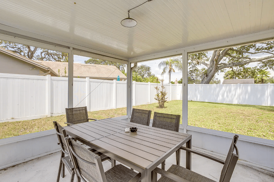 "Covered outdoor dining area for meals year-round."