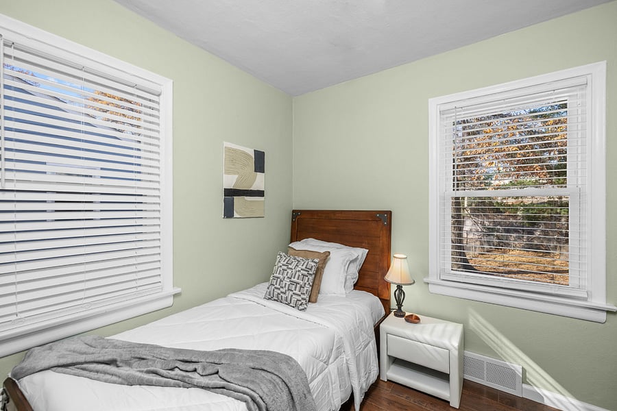 Second bedroom with twin memory foam bed, as viewed from doorway.