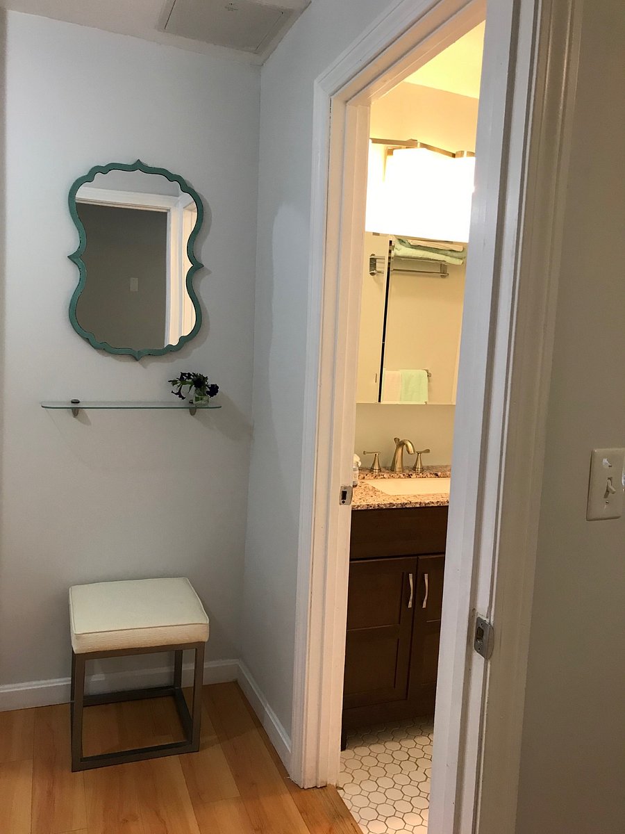 Full bath has shower and tub.