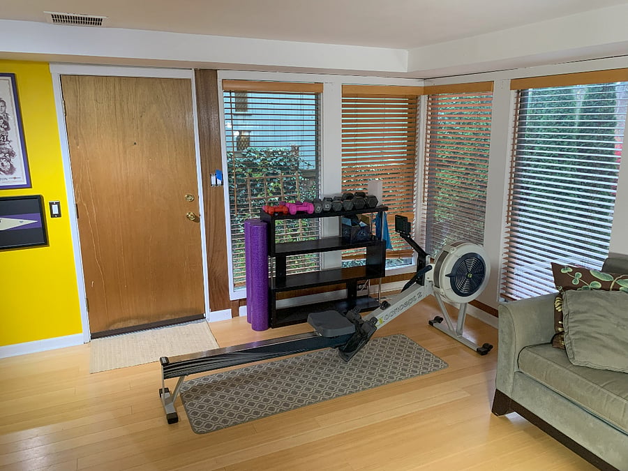 Workout space with weights and concept 2 rower