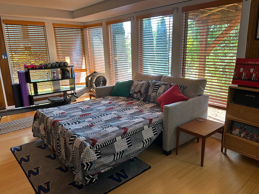 A second living room with workout space and room & board coach with bed. 