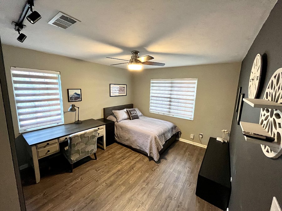 2nd bedroom with full size bed and desk