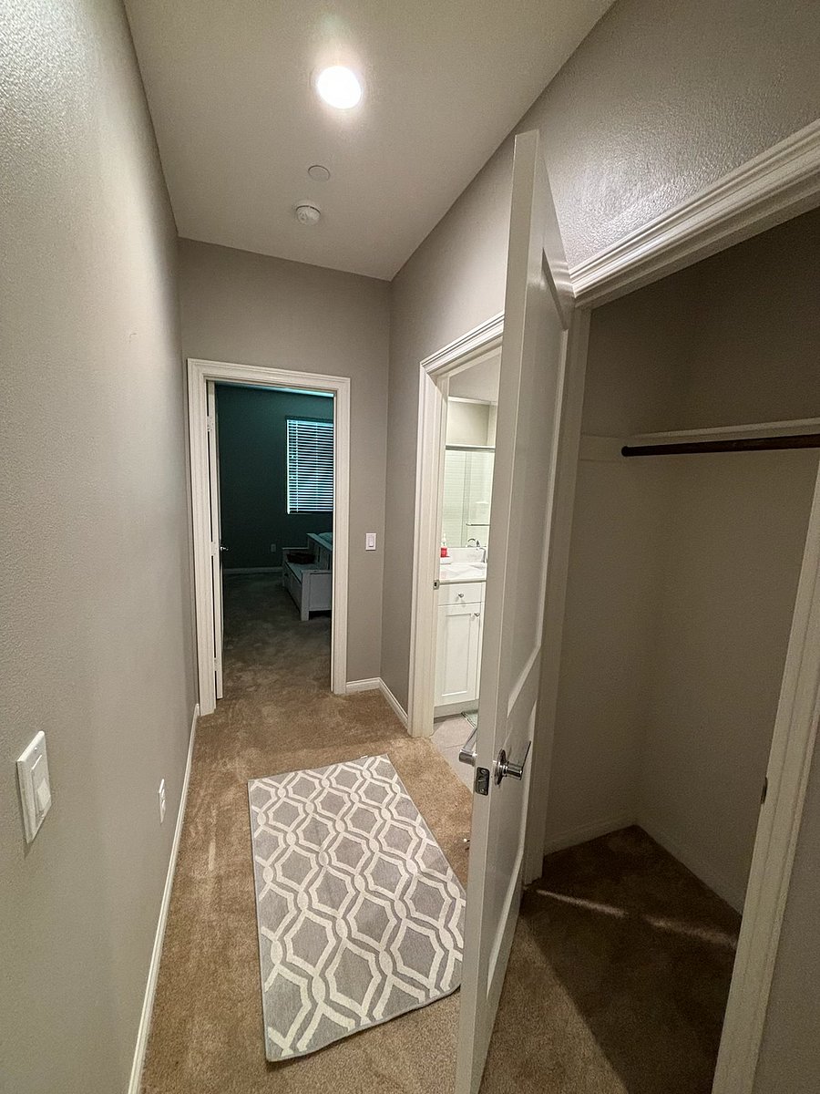 Hallway separating room and bathroom. Storage closet on the right.