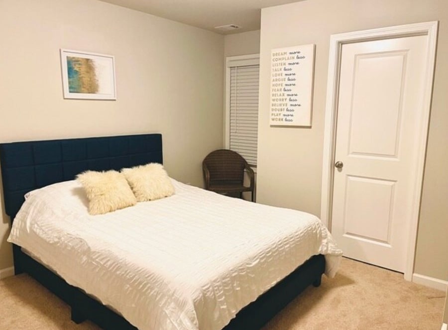 Relax in the Queen sized bed equipped with new, fresh linens and pillows.

