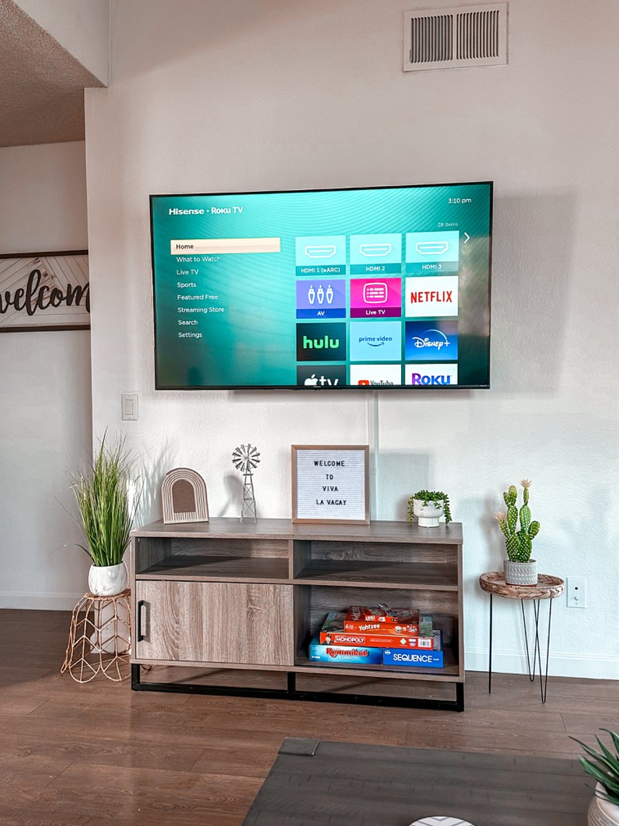 58 inch TV with Roku stick guest can log into to use their own apps to enjoy movies, live streaming, etc. We also provide an assortment of board games, offering the perfect opportunity for a fun-filled game night with friends and family.