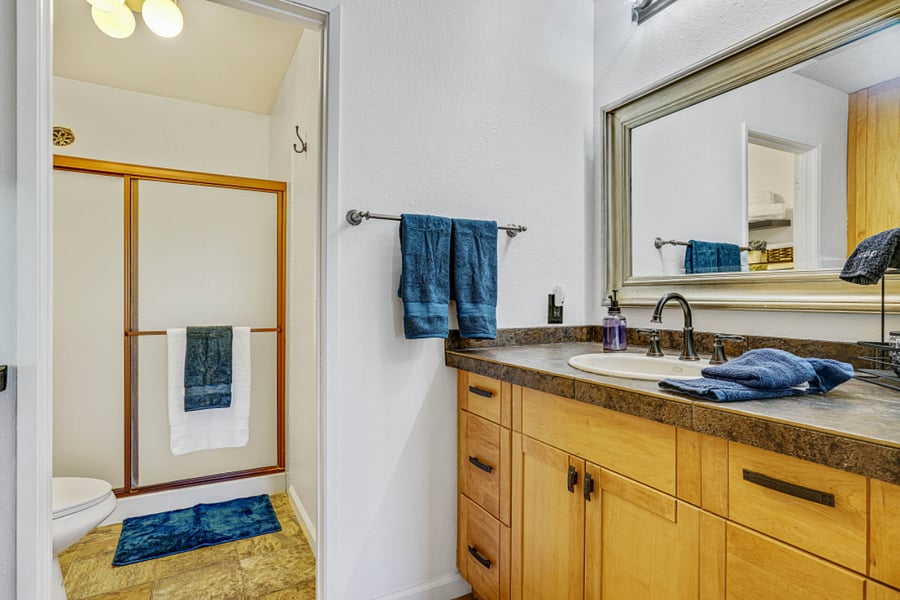 Ample counter top space for toiletries and beauty supplies.