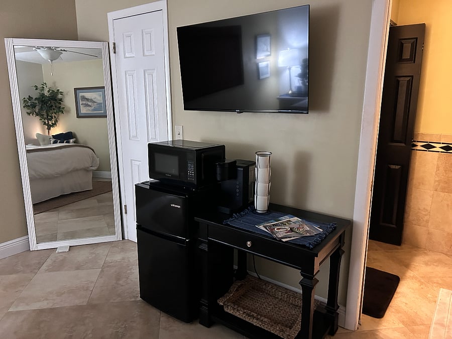 mini fridge, microwave, Keurig coffee maker