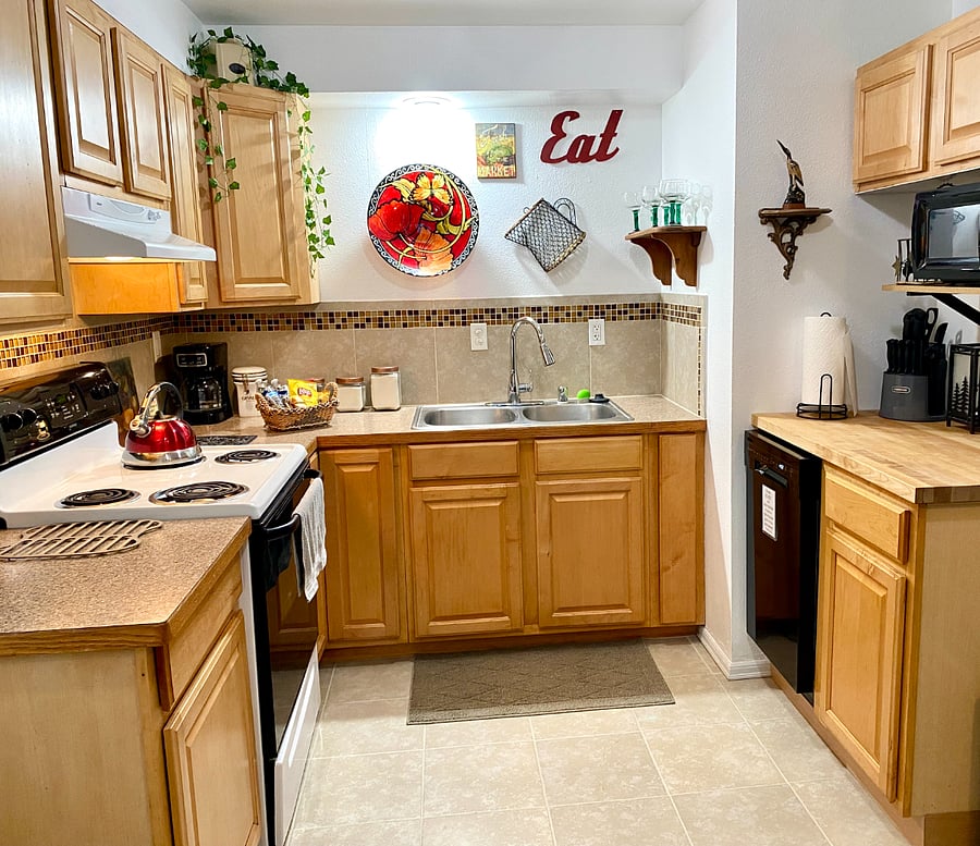 Kitchen stocked with most everything needed to make a great meal. Many herbs and spices, mixer, blender, bowls, etc.