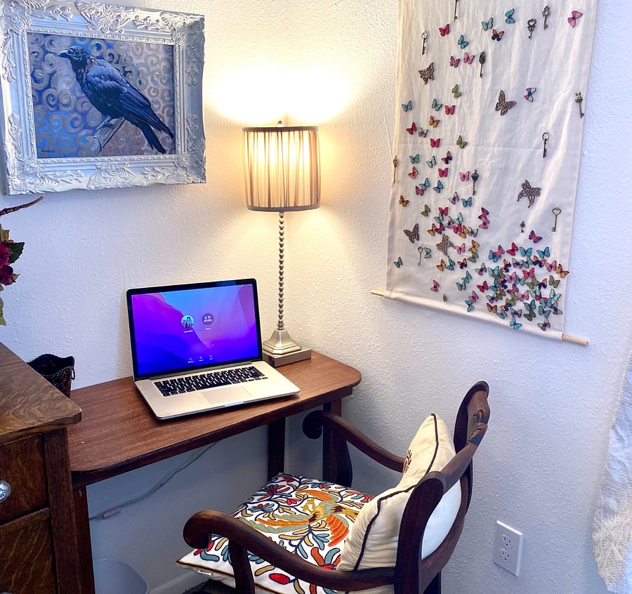 The South American room as as desk and chair for working at home.