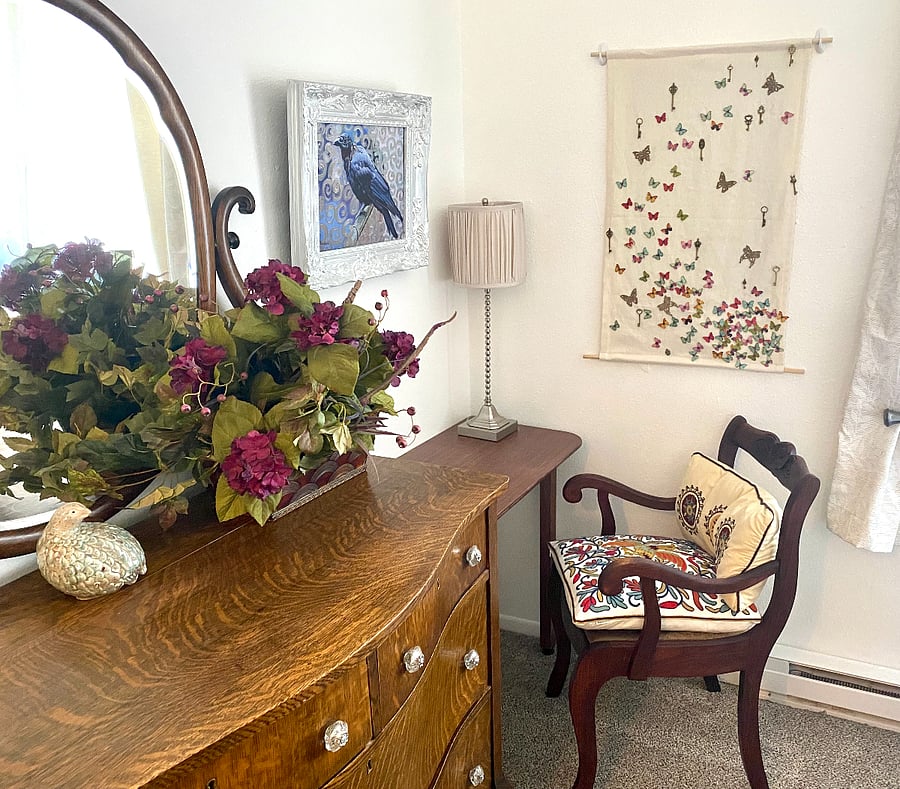 Enjoy the beautiful antique dresser and furnishings of the South American room.
