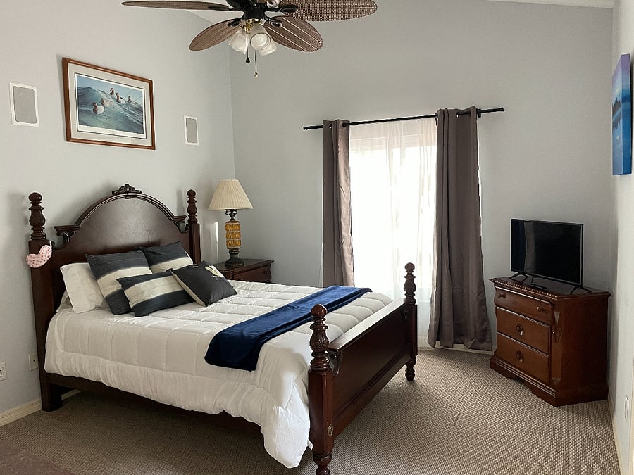Main bedroom has large walk in closet attached and dedicated bathroom. Black out curtains.