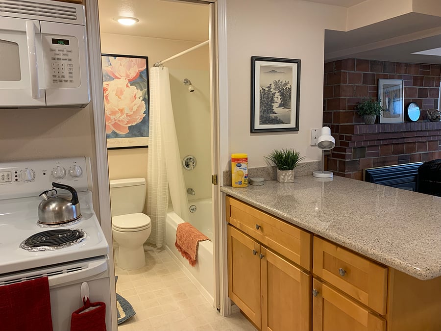 Tub with shower and bright lights, eat-in counter or computer area with bar stools