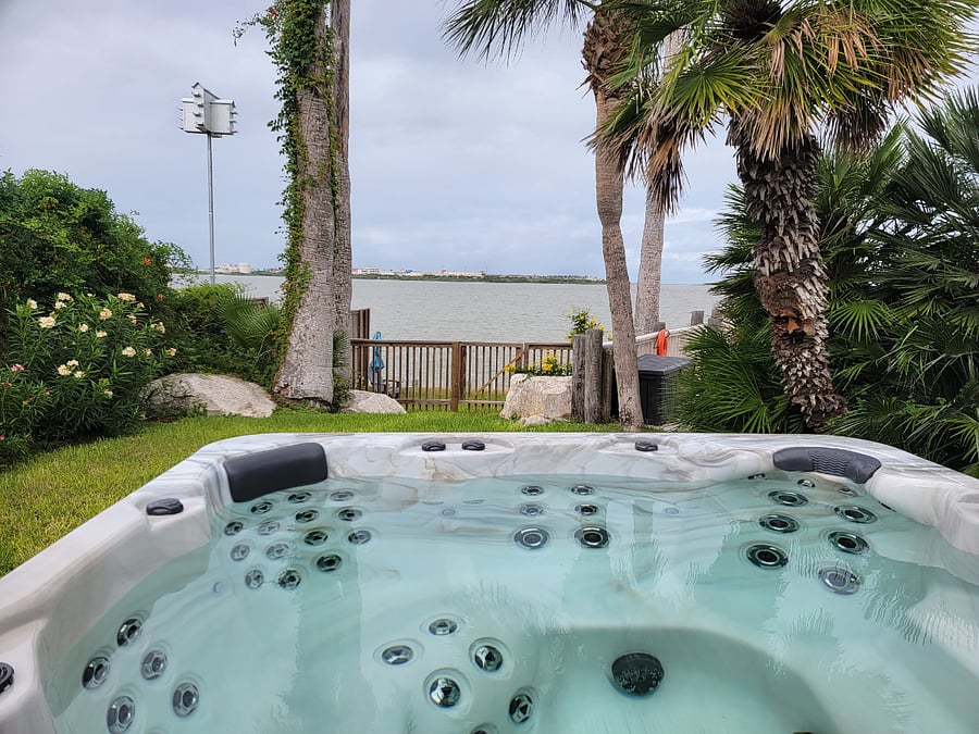 65 jets, waterfall, led lighting, and a lounge in the spa.