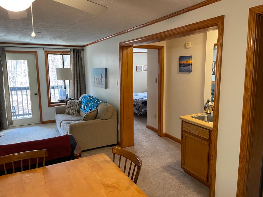 Living area, additional coffee bar, electric fireplace, tv, and Forrest terrace.