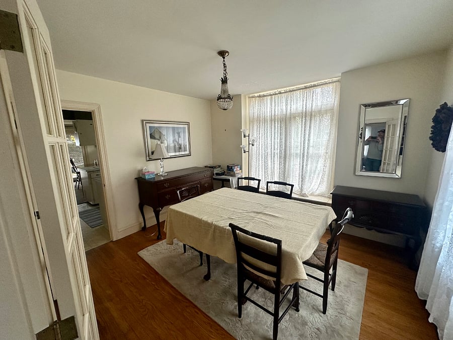 The formal dining room with vintage antiques-