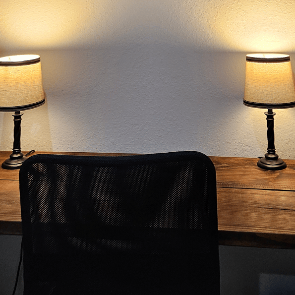 Desk/working space, chair and storage