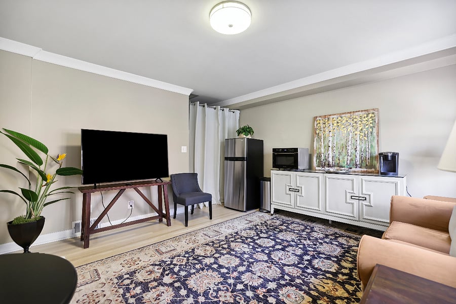 spacious and comfortable great room includes smart t.v., refrigerator/freezer, convection microwave, coffee maker and toaster