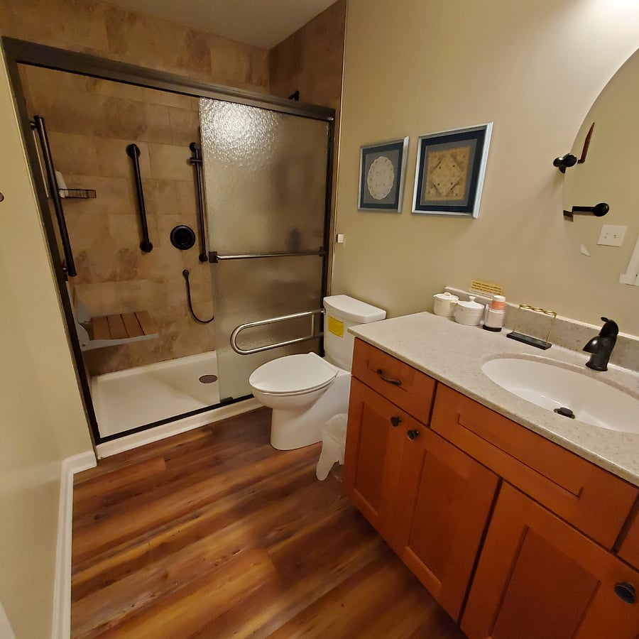 Private bath view from door to bedroom