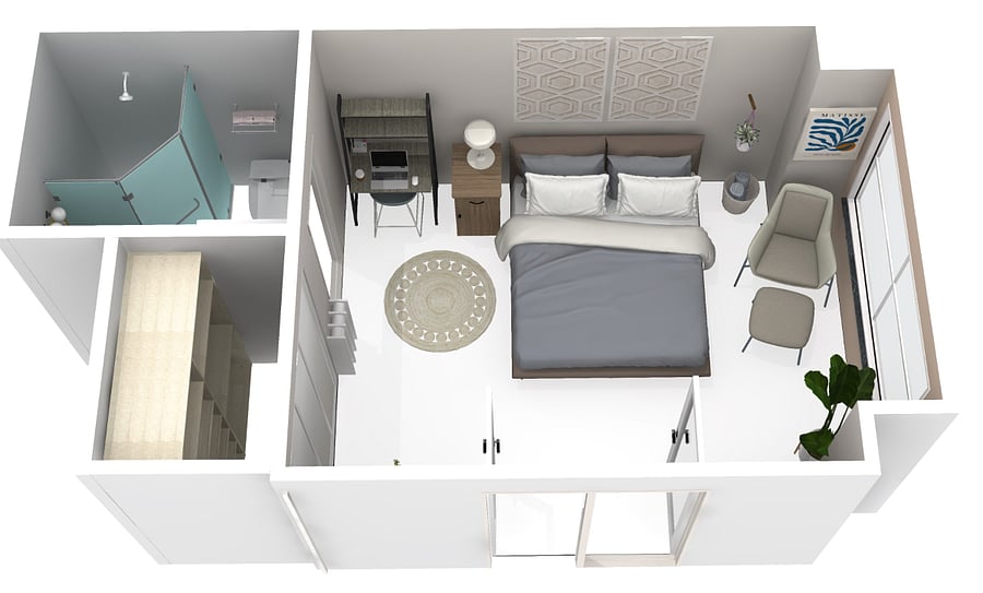 French door entry and full size bed