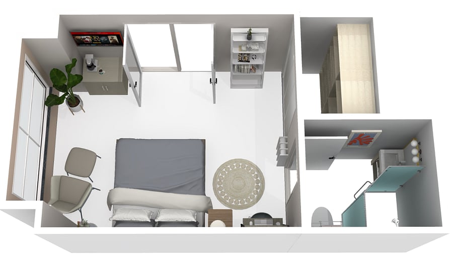 Bookshelves and coffee station w/ dorm size fridge