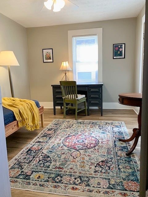 Back bedroom/office with twin daybed, large desk, and walk-in closet.