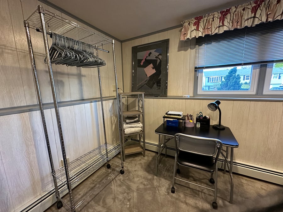 Computer desk with wheeled chair,
Clothing rack, dresser, and closet for your belongings.