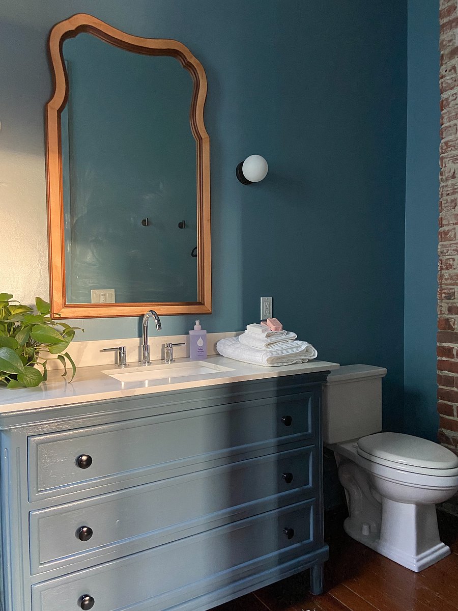 The newly renovated bathroom is spa like.