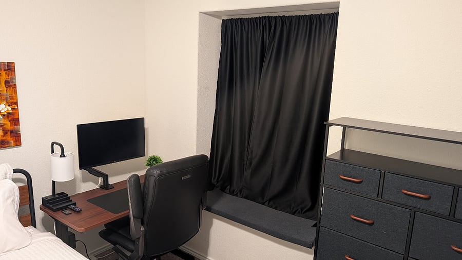 Dedicated workspace and storage in the upstairs first queen bedroom