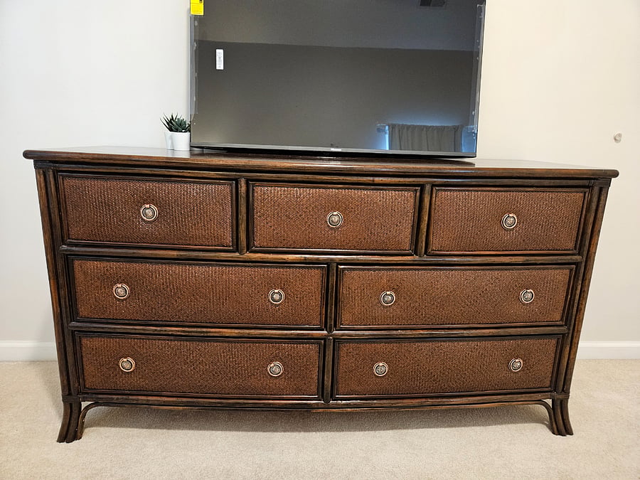 The 43" tv is currently on the dresser infront of a large mirror.  I can mount the TV on the wall or move the mirror as one wishes.