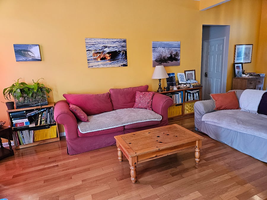 The living room has 2 large sofas with a coffee table, and large tv mounted on the wall. There are various plants and pieces of wall art. Lots of National Geographics and a few books which you are welcome to read.