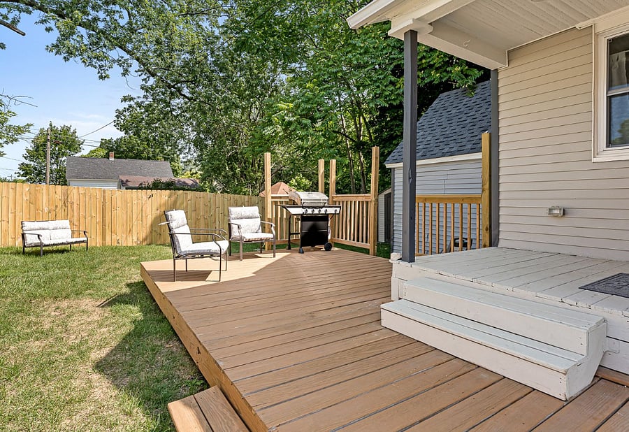 Back porch, deck, and yard
