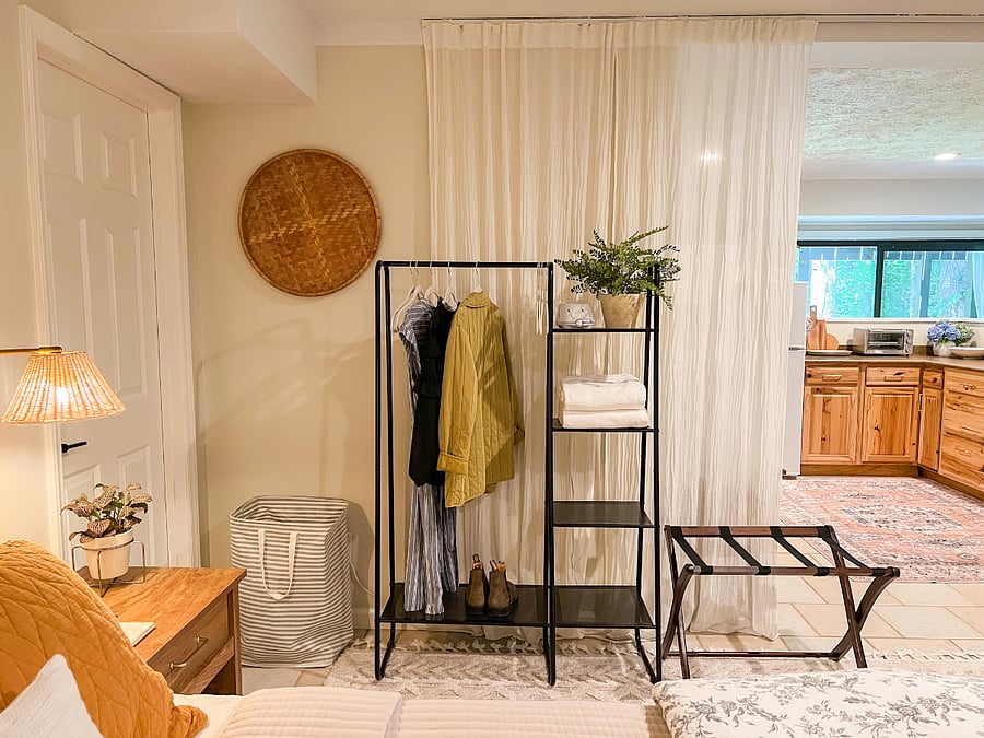 Clothing rack and sound machine.
