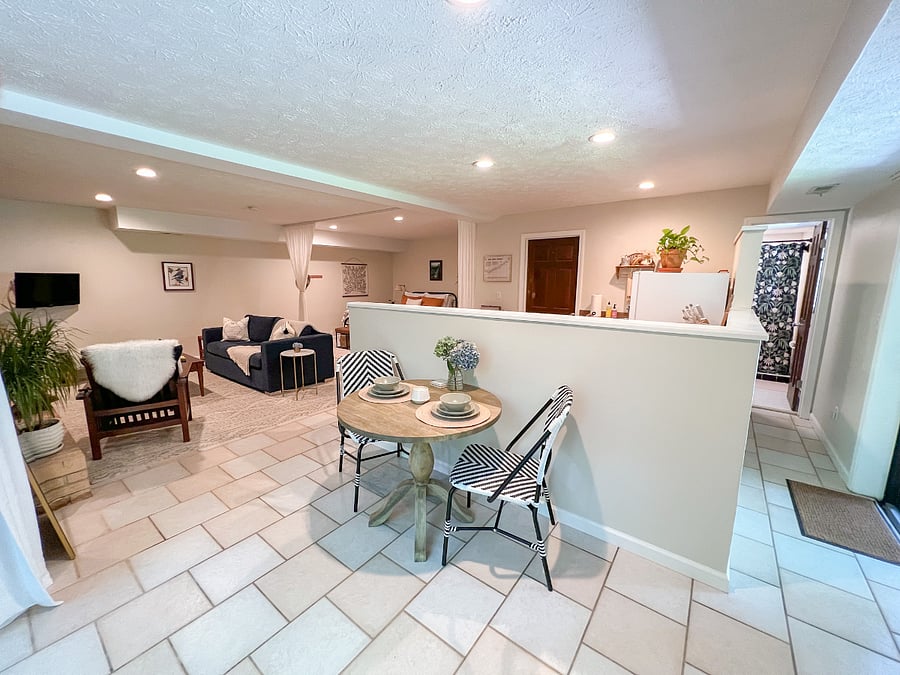 Wide angle view of the entire guest suite.