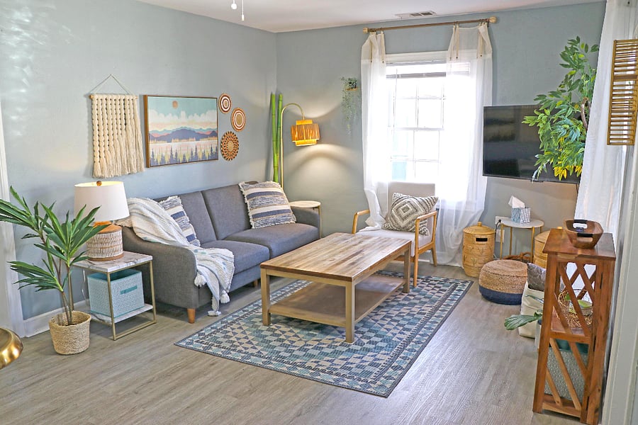 Tall windows provide plenty of natural light. 